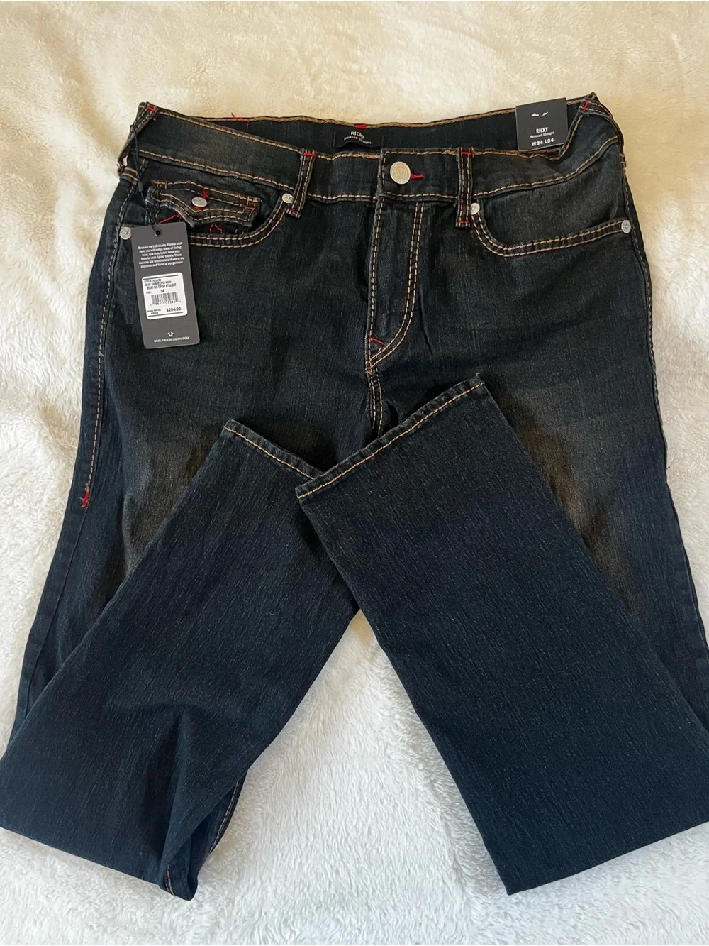 True Religion Ricky Jeans in Dark Blue with Red Stitching 34x34 NWT